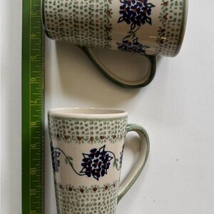 Polish Pottery Floral Green and Blue Mugs